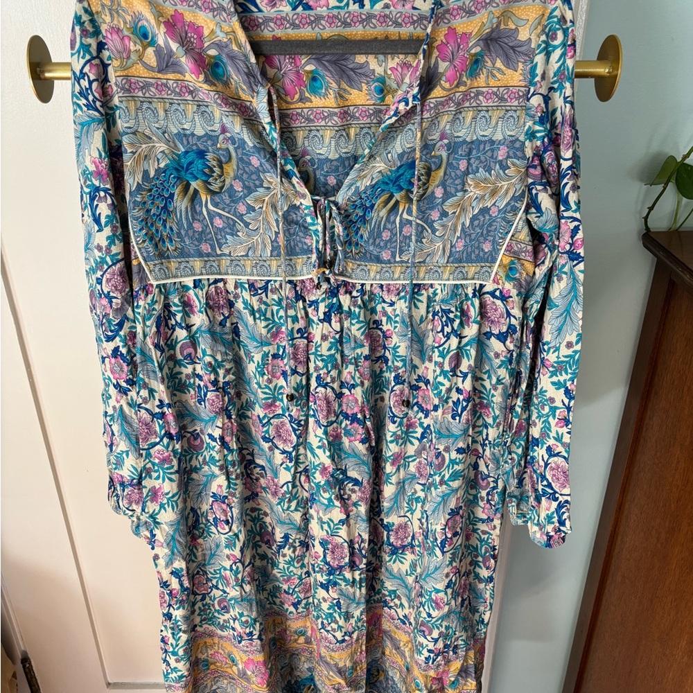 Elegant Floral Long Sleeve Dress - Blue and Pink